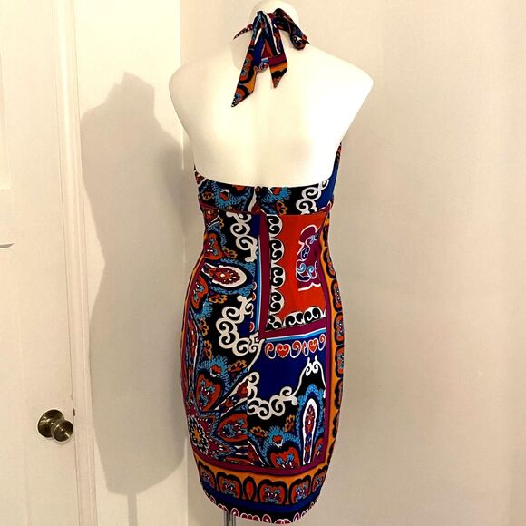 Y2K Cache size 6 Halter Colorful Loud Print with Gold Accents Summer Mini Dress - Picture 2 of 8